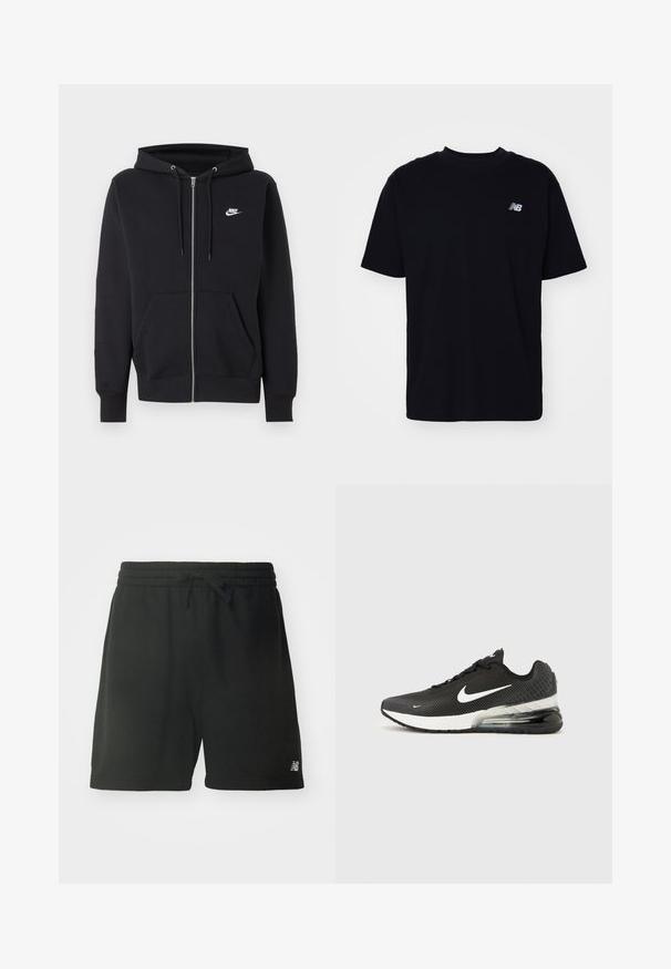 Sort Nike hættetrøje med lynlås, forlommer, snøre i hætten og lille hvid Nike-logo på venstre bryst.; Sorte bomulds T-shirt med rund hals, korte ærmer og et lille præget logo på venstre bryst. Klassisk pasform og glat tekstur.; Sorte bomulds sportsbukser med elastisk talje, justerbar snøre og logo detajle på nederste venstre ben. Glat tekstur.; Sort Nike Air Max 270 sneaker med hvid swoosh-logo, hvid mellemsål og synlig luftpude i hælen på en ensfarvet baggrund.