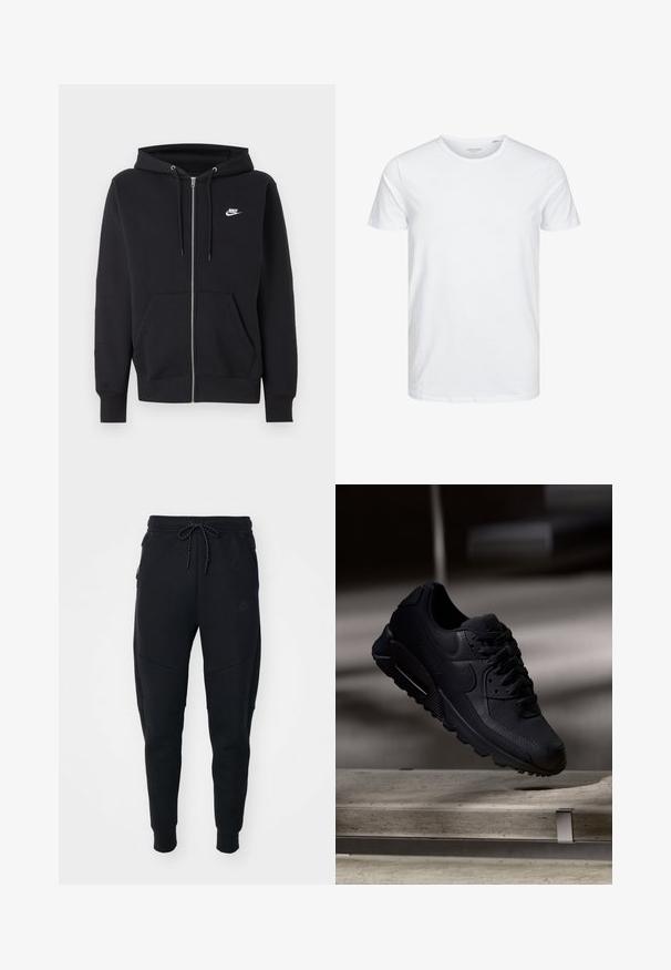 Sudadera negra con cremallera Nike, con bolsillos delanteros, capucha con cordón y pequeño logo blanco de Nike en el pecho izquierdo.; Camiseta de manga corta y cuello redondo en blanco sólido, fabricada en algodón suave, presenta un diseño simple sin patrones ni acentos visibles.; Joggers negros fabricados con tela suave, que cuentan con una cintura ajustable con cordón, piernas ajustadas y bolsillos laterales con un diseño elegante.; Zapatilla Nike Air Max 90 negra con parte superior de malla texturizada, acentos de cuero suave, cuello acolchado y amortiguación de aire visible en la suela.