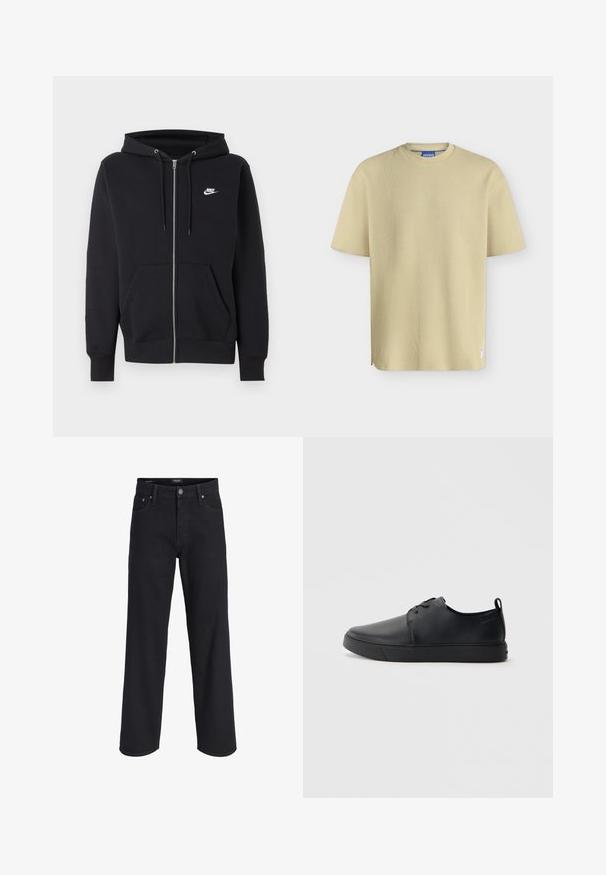 Must Nike lukuga kapuutsiga dressipluus ees taskute, nööriga kapuutsi ja väikese valge Nike logoga vasakul rinnal.; Beež lühikeste varrukatega soonikkoes T-särk ümara kaelusega ja väike valge silt ääre lähedal, kaeluse sees brändi silt.; Mustad sirgete säärtega teksapüksid, millel on nööbi- ja lukukinnitus, ees- ja tagataskud, vööaugud ning nähtavad õmbluse detailid.; Mustaläik nahast spordijalatsid siledaga viimistlusega, ümarate varvastega, sama tooni õmblustega, nööbid ees, ja lamedate kummist tallaga. Kannas aas.