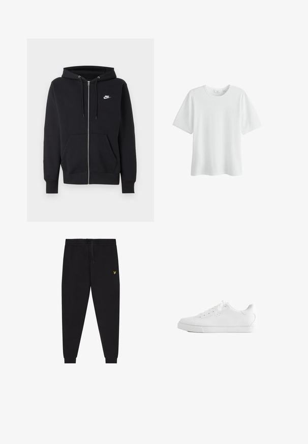 Čierna Nike mikina na zips s prednými vreckami, kapucňou so šnúrkami a malým bielym logom Nike na ľavej strane hrude.; Jednoduché biele tričko s krátkym rukávom a okrúhlym výstrihom, veľkosť stredná, zobrazené na bielom pozadí.; Čierne jogger nohavice s elastickým pásom a šnúrkou, zúžené nohavice so lemami a malým žltým vyšívaným logom na pravom stehne.; Biela nízka tenisová obuv so šnúrkami, hladkým koženým zvrškom a plochou gumovou podrážkou zobrazená z boku na bielom pozadí.