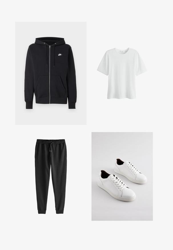 Sudadera negra con cremallera Nike, con bolsillos delanteros, capucha con cordón y pequeño logo blanco de Nike en el pecho izquierdo.; Camiseta de algodón blanca lisa de manga corta y cuello redondo, talla mediana, mostrada sobre un fondo blanco.; Pantalones de chándal negros hechos de tela suave, con una cintura elástica y cordón, piernas ajustadas y puños acanalados en los tobillos.; Zapatillas de cuero blanco con perfil bajo, lados perforados, cordones planos y un forro interior marrón contrastante. Suela de goma con patrón texturizado.