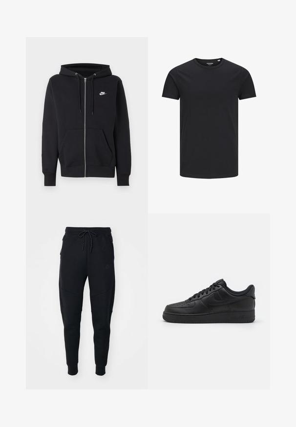 Zwarte Nike hoodie met rits, voorzakken, capuchon met trekkoord en klein wit Nike-logo op de linkerborst.; Zwarte katoenen T-shirt met een ronde hals, korte mouwen en een eenvoudig ontwerp. Soepele textuur, geen patronen of zichtbare hardware.; Zwarte joggers van zacht materiaal, met een trekkoord in de taille, taps toegestopte pijpen en zijzakken met een strakke uitstraling.; Nike Sportswear AIR FORCE 1 07 FLYEASE - Sneakers laag - black