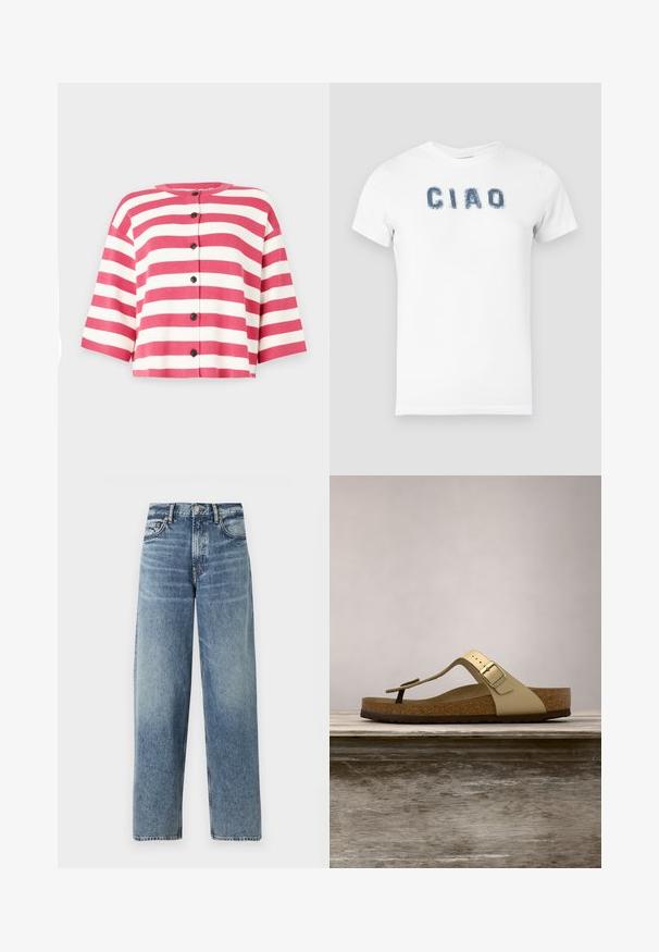 Cárdigan de manga corta con rayas horizontales rosas y blancas, con un escote redondo y cinco botones negros en la parte delantera.; Camiseta de algodón blanca con un texto "CIAO" desgastado en azul en el pecho. Mangas cortas y cuello redondo.; Vaqueros de mezclilla azul claro con corte recto, cintura alta y un desgaste sutil. Cuenta con cinco bolsillos y un cierre de botón.; Sandalia con plantilla de corcho en dorado claro, con diseño tipo tanga y hebilla ajustable. Cuenta con una suela texturizada para mayor agarre. Esquema de color neutro.