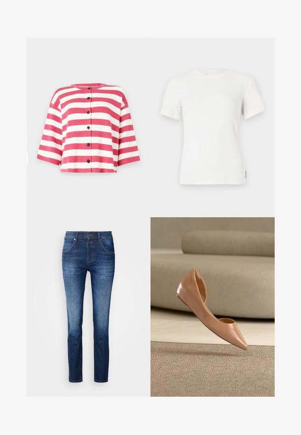 Cárdigan de manga corta con rayas horizontales rosas y blancas, con un escote redondo y cinco botones negros en la parte delantera.; Camiseta blanca de manga corta con cuello redondo. Textura suave, diseño ajustado y detalles de costura mínimos.; Jeans de mezclilla azul oscuro con corte recto, con cremallera, dos bolsillos delanteros y un desgaste sutil. Textura suave con un mínimo de desgastes.; Zapato plano beige de punta puntiaguda con un tacón ligeramente doblado, suspendido sobre una alfombra texturizada en una habitación de tonos neutros.
