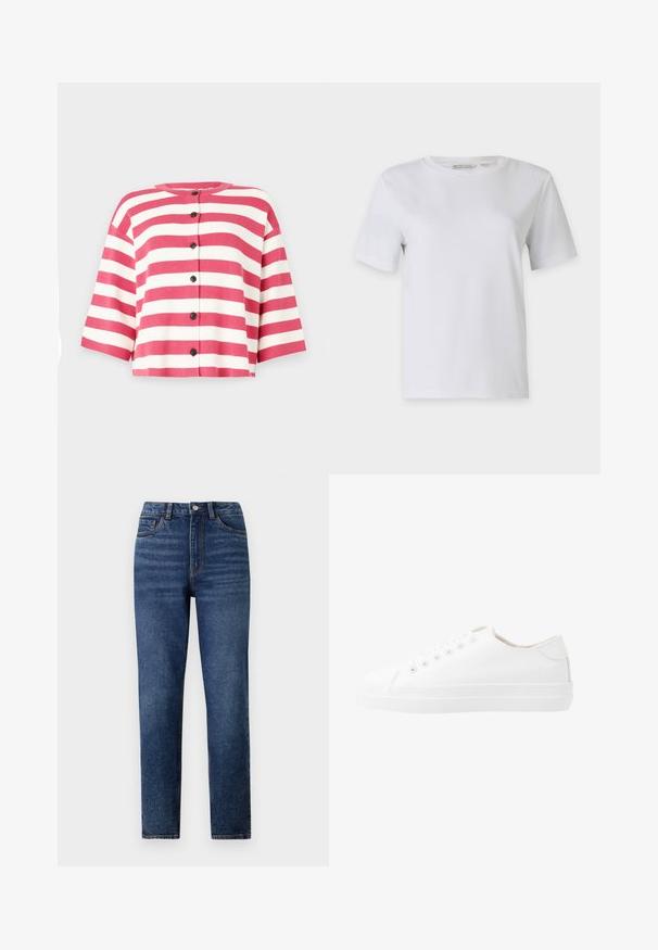 Cárdigan de manga corta con rayas horizontales rosas y blancas, con un escote redondo y cinco botones negros en la parte delantera.; Camiseta blanca de manga corta hecha de algodón suave. Presenta un cuello redondo y dobladillo recto, sin patrones ni adornos.; Jeans de mezclilla azul de cintura alta con pierna recta, que cuentan con un ligero desgaste, cierre de un botón y diseño de cinco bolsillos.; Zapatillas de lona blancas con un diseño de corte bajo, puntera redonda, seis ojetes y suela de goma texturizada. Material suave con acentos mínimos.