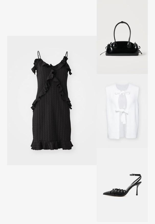 Débardeur sans manches blanc avec un tissu texturé, présentant un col rond et une fermeture par nœud à l'avant. Design simple et épuré avec des côtés ouverts.; Robe noire avec des accents froncés, bretelles spaghetti réglables, tissu texturé et un ourlet évasé. Motif de rayures verticales sur l'ensemble.; Chaussure à talon haut noire à bout pointu, bords festonnés, œillets métalliques, lacets à l'avant et bride de cheville avec fermeture à boucle.; Petit sac à main noir brillant avec deux longues anses et des détails à cordon sur les côtés sur un fond clair uni.