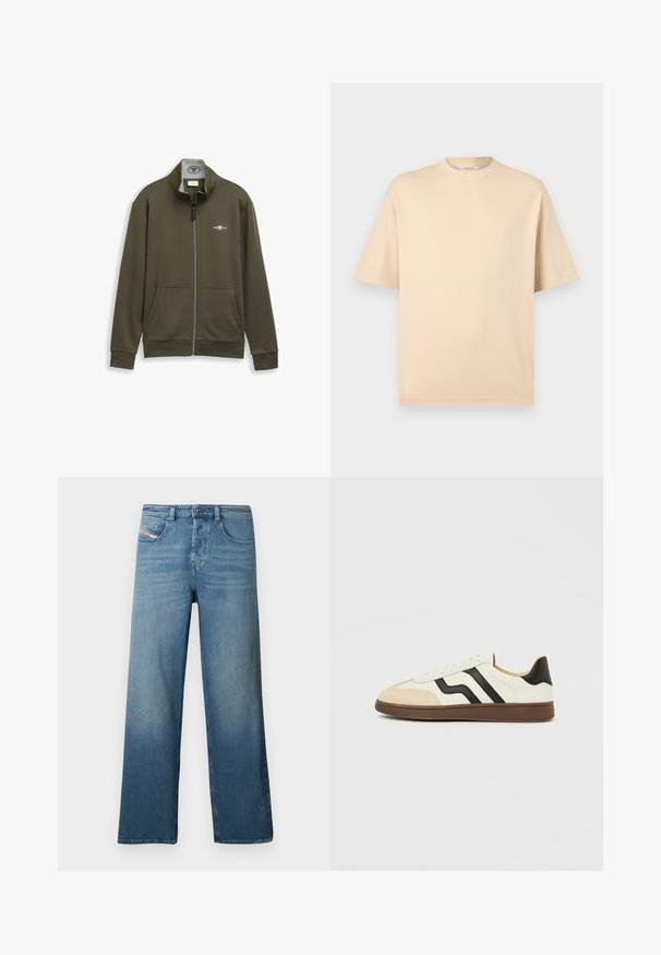 Sweatshirt zippé vert olive, en tissu doux. Col montant, deux poches avant, poignets côtelés, avec un petit logo blanc sur la poitrine.; T-shirt beige surdimensionné à manches courtes, col rond, avec coutures minimales sur fond gris clair.; Jean en denim bleu clair avec une coupe droite, un design à cinq poches et un effet de décoloration subtil. Comprend une fermeture par bouton et fermeture éclair.; Baskets en cuir blanc avec bandes noires et embout en daim beige. Semelle en caoutchouc brun foncé. Lacets et col rembourré complètent le design.