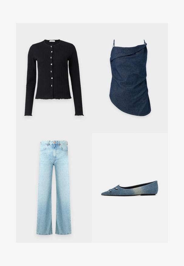 Schwarzer gerippter Langarm-Cardigan mit Rundhalsausschnitt, der sechs weiße Knöpfe und einen gewellten Saum an den Ärmeln und am Boden aufweist.; Dunkelblaues asymmetrisches ärmelloses Denim-Top mit dünnen Trägern und gefaltetem Halsausschnitt auf einem einfarbigen hellen Hintergrund.; Hellblaue Jeans aus Denim mit hoher Taille, Knopfverschluss, Fronttaschen und weiten, geraden Beinen.; Denim Ballerinas mit spitzem Zehenbereich, dekorativem Bogen und schwarzen Akzenten. Weicher, strukturierter Stoff in einem Farbverlauf von Hellblau bis Dunkelblau. Flacher Absatz.