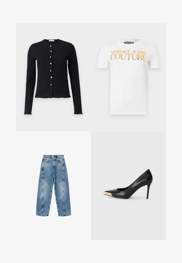 Sort ribbet langærmet cardigan med rund halsudskæring, der har seks hvide knapper og en bølget kant ved ærmerne og i bunden.; Hvid T-shirt med korte ærmer og guldtekst "VERSACE JEANS COUTURE" trykt hen over brystet.; Lysblå denim jeans har en afslappet pasform, store lommer og kontrasterende syninger. Stoffet har en falmet finish med en glat overflade.; Sort læder stiletter med spids tå; har et metalisk guldakcent på tåkapperne. Glat overflade med et strømlinet design.