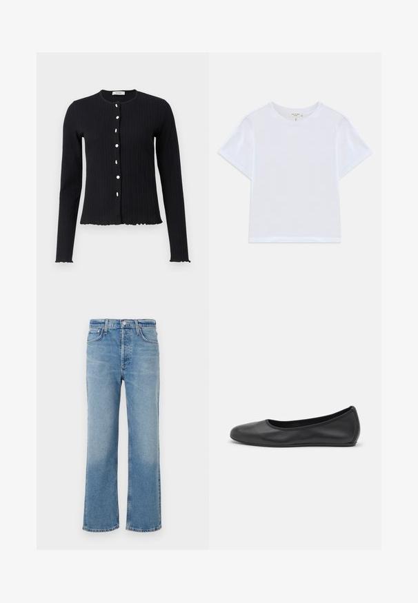 Zwarte geribbelde lange mouwen cardigan met een ronde halslijn, voorzien van zes witte knopen en een gegolfde zoom bij de manchetten en onderkant.; Witte cropped t-shirt van zacht katoen, met een ronde hals en korte mouwen in een iets ontspannen pasvorm. Geen patronen of accenten.; Lichtblauwe denim jeans met een recht model, voorzien van een hoge taille, vijf zakken en een klassieke, licht vervaagde afwerking.; Zwarte leren ballerina met een ronde neus, gladde textuur, minimale stikdetails en een flexibele zoolontwerp.