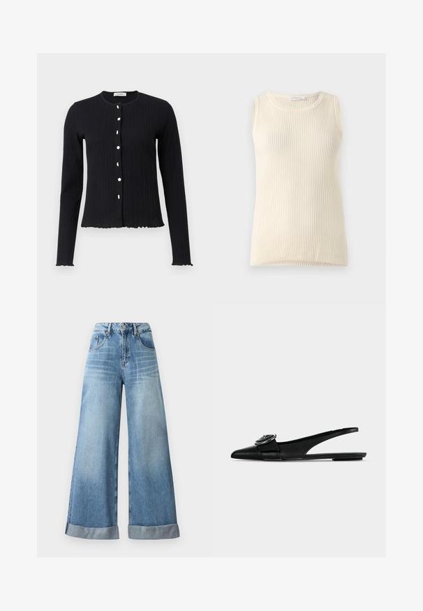 Sort ribbet langærmet cardigan med rund halsudskæring, der har seks hvide knapper og en bølget kant ved ærmerne og i bunden.; Ärmløs cremefarvet top med ribbet tekstur og rund halsudskæring. Stoffet ser blødt ud, med en tætsiddende form og ingen synlige mønstre eller accenter.; Lysblå vidbenede jeans i denim med høj talje, der har knaplukning, fem lommer og opfoldede manchetter forneden.; Sort læder spids tå slingback flad med en bred rem og rund metal spænde detalje på toppen.