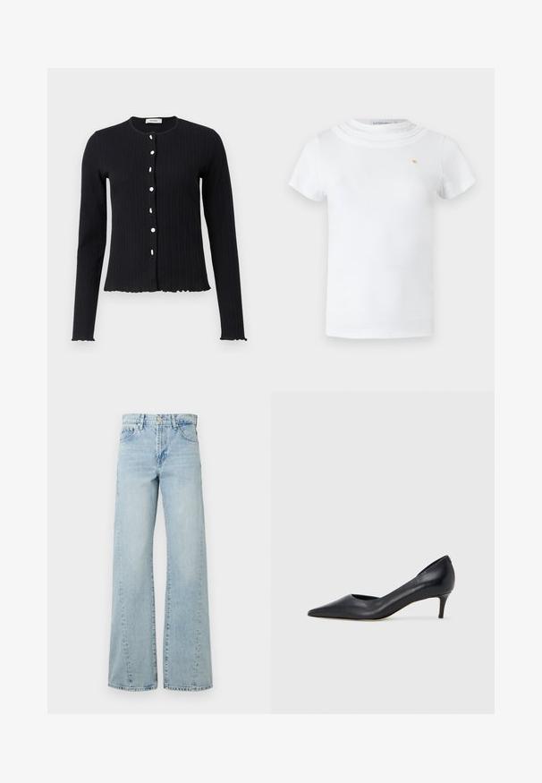 Zwarte geribbelde lange mouwen cardigan met een ronde halslijn, voorzien van zes witte knopen en een gegolfde zoom bij de manchetten en onderkant.; Wit T-shirt met korte mouwen, een ronde gelaagde halslijn en een klein gouden embleem op de linkerborst.; Lichtblauwe wijde jeans van denim, met een knoopsluiting, voorkruiken en vervaagde delen voor textuur en detail.; Zwarte leren pump met een puntige neus en lage hak. Heeft een gladde textuur en een subtiele glans. Open uitsparing aan de voorkant voor extra detail.
