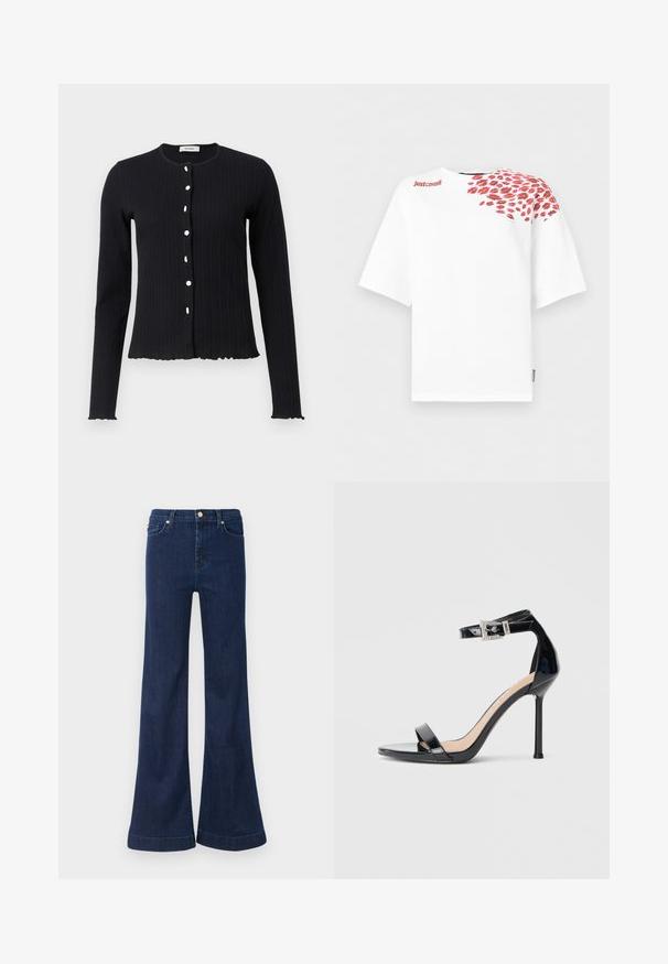 Schwarzer gerippter Langarm-Cardigan mit Rundhalsausschnitt, der sechs weiße Knöpfe und einen gewellten Saum an den Ärmeln und am Boden aufweist.; Weißes kurzärmeliges T-Shirt mit rotem Lippenabdruck auf der Schulter und dem Schriftzug "Just Cavalli" nahe dem Kragen auf der linken Seite.; Dunkelblaue Schlagjeans aus Denim, mit einem hohen Bund, subtilen Abnutzungserscheinungen und goldenen Beschlägen an den Fronttaschen und dem Verschluss.; Schwarzer Riemchensandale aus Lackleder mit hohem Absatz und Knöchelriemen. Verfügt über ein minimalistisches Design, offene Zehenpartie und eine Schnalle mit Strassakzenten.