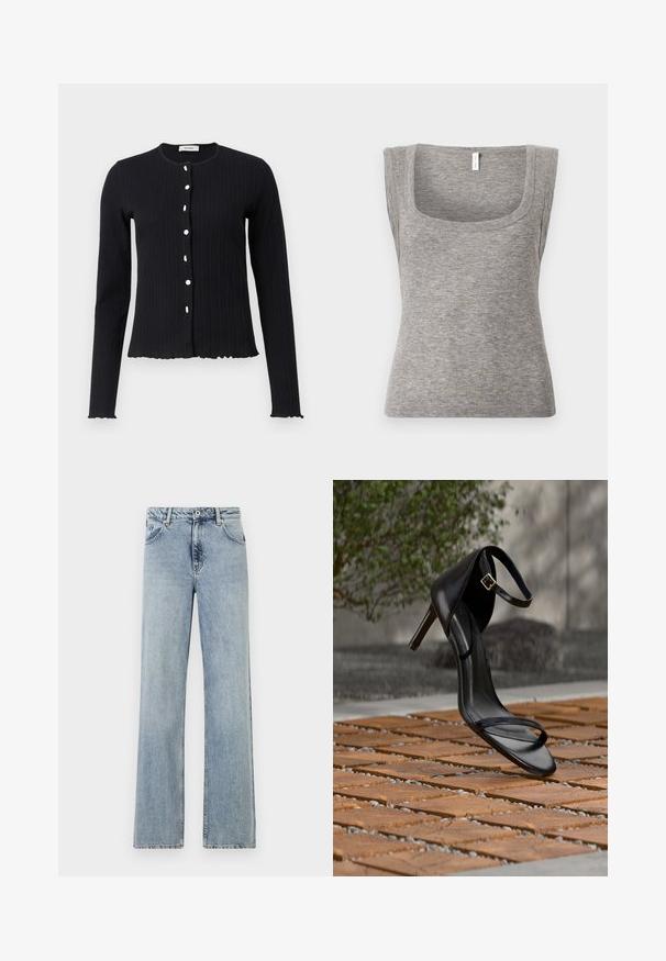 Schwarzer gerippter Langarm-Cardigan mit Rundhalsausschnitt, der sechs weiße Knöpfe und einen gewellten Saum an den Ärmeln und am Boden aufweist.; Graues ärmelloses geripptes Tanktop mit quadratischem Ausschnitt und enger Passform, das eine glatte Textur und leichte Dehnbarkeit zeigt.; Helles blau, weit geschnittene Jeans aus Denim. Mit Knopf- und Reißverschluss, Fronttaschen und dezentem Verblassen. Saubere Säume.; Schwarze Sandalette mit hohem Absatz und Knöchelriemen schwebt über einem Holzboden im Freien vor verschwommenem Grün und Steinhintergrund.