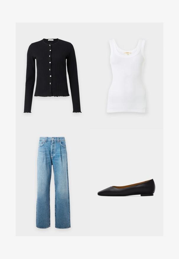 Cárdigan negro de punto con mangas largas y cuello redondo, que cuenta con seis botones blancos y un dobladillo con forma de festón en los puños y la parte inferior.; Camiseta sin mangas blanca acanalada con escote redondo, mostrada plana sobre un fondo claro.; Jeans de cintura alta de pierna recta en azul claro, con pliegues frontales, cinco bolsillos, cierre de botón y costuras visibles sobre un fondo blanco.; Zapato plano de punta puntiaguda de cuero negro con tacón bajo y acabado liso, mostrado de perfil sobre un fondo gris claro.