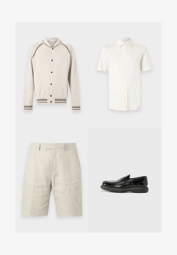 Cardigan boutonné crème avec des rayures taupe sur les poignets, l'ourlet et les épaules, présentant un petit logo brodé sur la poitrine.; Chemise blanche à manches courtes avec col pointu, logo subtil sur la poitrine gauche, présentée sur un fond gris clair uni.; Shorts beige clair longueur genou avec passants de ceinture, poches avant et fermeture avant dissimulée.; Mocassin en cuir noir avec une finition brillante, bout arrondi, détails de couture subtils et semelle en caoutchouc épaisse pour la durabilité.