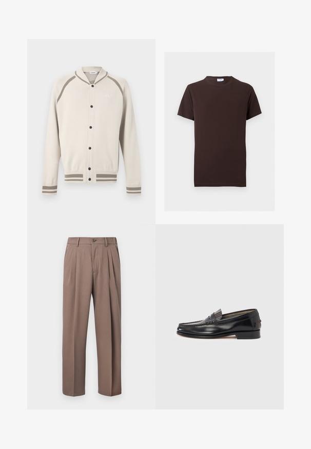 Cardigan boutonné crème avec des rayures taupe sur les poignets, l'ourlet et les épaules, présentant un petit logo brodé sur la poitrine.; T-shirt uni marron foncé à manches courtes avec col rond, coupe slim et petite étiquette blanche à l'intérieur du col.; Pantalon plissé marron avec passants de ceinture, fermeture à boutons sur le devant et fermeture éclair, présenté sur un fond blanc.; Mocassins en cuir noir avec un design de style mocassin, présentant une bande décorative et un détail de couture sur le dessus. Talon bloc bas.