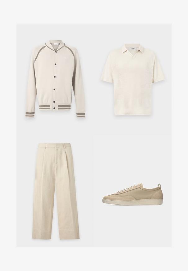 Cardigan boutonné crème avec des rayures taupe sur les poignets, l'ourlet et les épaules, présentant un petit logo brodé sur la poitrine.; Polo beige à manches courtes avec un col doux et une ouverture en V, présenté sur un fond gris clair uni.; Pantalon beige à jambes larges avec passants de ceinture, plis devant et fermeture avant dissimulée.; Baskets beige basses avec tige en tissu et daim, lacets blancs, semelle en caoutchouc et languette à l'arrière, présentées en profil latéral sur fond blanc.