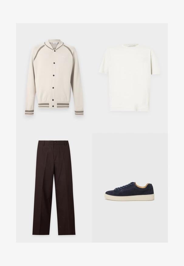 Cardigan boutonné crème avec des rayures taupe sur les poignets, l'ourlet et les épaules, présentant un petit logo brodé sur la poitrine.; T-shirt blanc à manches courtes, en coton doux, avec un col rond et une coupe régulière. Texture lisse et design minimaliste.; Pantalon droit marron foncé avec passants de ceinture, fermeture par bouton et pli sur le devant, présenté sur fond blanc.; Baskets basses en suede bleu marine avec bout arrondi, semelle en caoutchouc blanc cassé et lacets assortis ; dotées d'une doublure intérieure contrastante couleur tan.