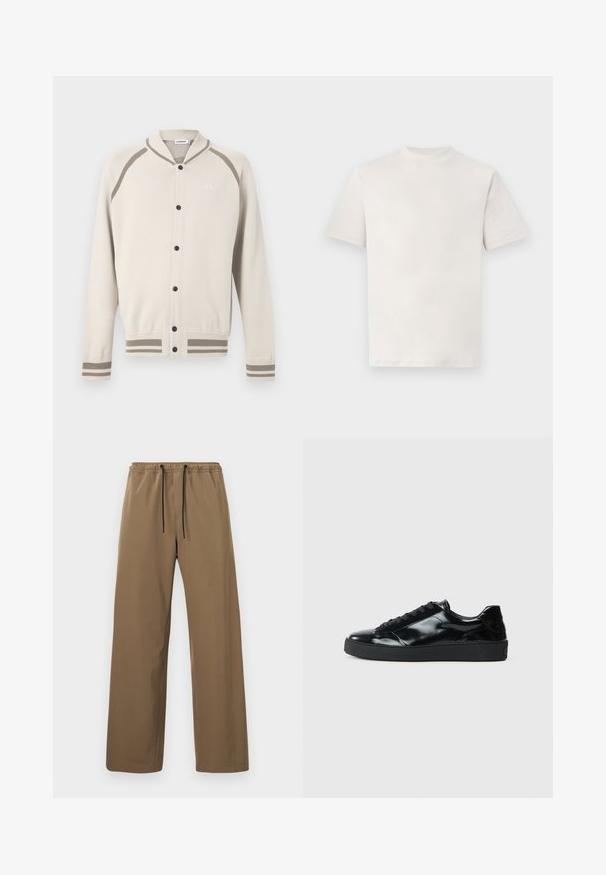Cardigan boutonné crème avec des rayures taupe sur les poignets, l'ourlet et les épaules, présentant un petit logo brodé sur la poitrine.; T-shirt blanc uni à manches courtes et col rond, présenté à plat sur un fond blanc.; Pantalon marron à coupe droite avec taille élastique et cordons noirs, présenté sur un fond clair uni.; Baskets en cuir verni noir avec un bout arrondi, un laçage, une semelle en caoutchouc texturé et une finition lisse.