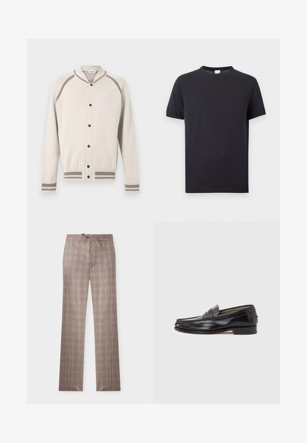 Cardigan boutonné crème avec des rayures taupe sur les poignets, l'ourlet et les épaules, présentant un petit logo brodé sur la poitrine.; T-shirt noir uni à manches courtes avec un col rond, étiquette blanche à l'intérieur du col, présenté sur un fond gris clair.; Pantalon marron à carreaux à jambes droites avec taille à cordon, devant plat et motif à carreaux subtil sur fond blanc.; Mocassins en cuir noir avec un design de style mocassin, présentant une bande décorative et un détail de couture sur le dessus. Talon bloc bas.