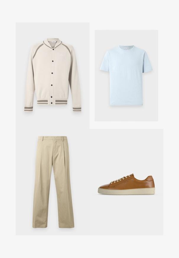 Cardigan boutonné crème avec des rayures taupe sur les poignets, l'ourlet et les épaules, présentant un petit logo brodé sur la poitrine.; T-shirt en coton bleu clair à manches courtes avec un col rond et un ourlet droit, présenté sur un fond clair uni.; Pantalon beige en coton, avec une coupe droite, des plis à l'avant et une fermeture de taille traditionnelle. Texture lisse, détails minimaux.; Baskets basses en cuir marron avec lacets crème et semelle épaisse en caoutchouc crème, vues de profil sur fond blanc.