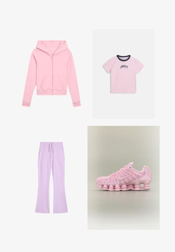 Lichtroze ritsvest gemaakt van een gladde stof met een aansluitende pasvorm, voorzakken en een capuchon met trekkoord en subtiele branding.; Lichtroze T-shirt met korte mouwen, een zwarte kraag en de tekst "JUICY EST LOS ANGELES" gedrukt in het midden aan de voorkant.; Lila wijde broek met aantrekkoord in de taille en een subtiel geborduurd logo op de rechterheup, weergegeven op een witte achtergrond.; Roze Nike sneaker met unieke dempende zool, mesh bovenwerk, veters en Nike swoosh-logo aan de zijkant, getoond tegen een neutrale achtergrond.