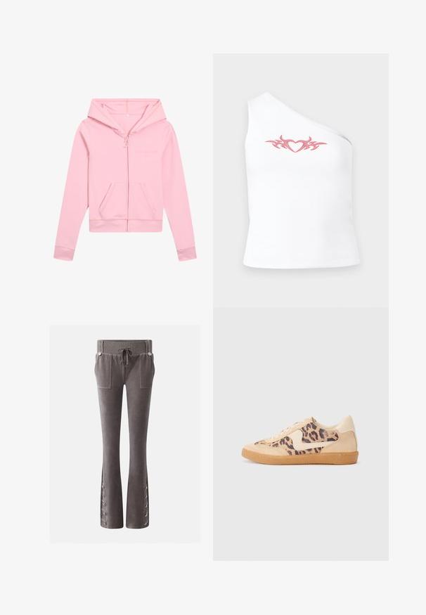 Lichtroze ritsvest gemaakt van een gladde stof met een aansluitende pasvorm, voorzakken en een capuchon met trekkoord en subtiele branding.; Asymmetrisch wit mouwloos shirt met een roze tribale hartontwerp op de borst; gemaakt van zachte, rekbare katoen.; Grijze veloursbroek met een geribde tailleband met aantrekkoord, voorzakken en met knopen gesloten veterdetails aan de uitlopende pijpen.; Luipaardprint sneakers met een beige suède bovenkant, tan rubberen zool en witte accenten. Ronde neus en vetersluiting met een gestructureerde afwerking.