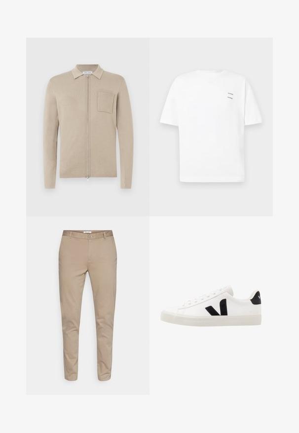 Cardigan beige zippé avec manches longues, col et poche frontale. Fabriqué en matériau tricoté doux, avec une texture lisse et un design minimaliste.; T-shirt blanc en coton avec une coupe décontractée, des manches courtes et un col en V. Présente deux petits logos noirs imprimés sur le côté gauche.; Chino en coton beige avec une coupe droite, dotés d'une fermeture à bouton, de passants de ceinture et de poches latérales. Texture lisse sans motifs.; Sneaker blanche en cuir avec des accents en daim noir ; dispose d'une semelle en caoutchouc, d'un bout rond et d'un design classique à lacets. Logo latéral en noir.
