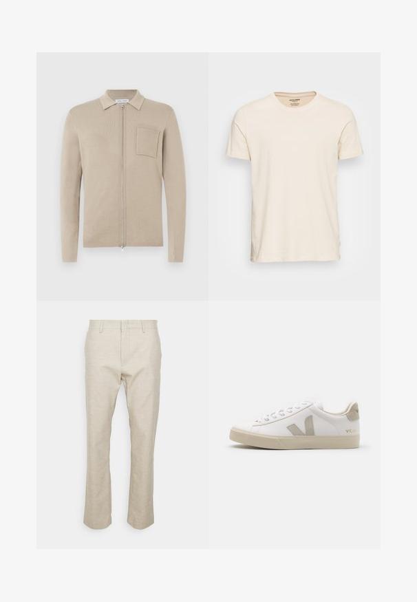 Cardigan beige zippé avec manches longues, col et poche frontale. Fabriqué en matériau tricoté doux, avec une texture lisse et un design minimaliste.; T-shirt en coton beige clair avec un col rond classique et des manches courtes. Présente une texture subtile et un design à coupe standard.; Pantalons en lin beige avec jambes droites, poches avant et texture lisse. Design minimaliste ; sans motifs ou éléments visibles.; Baskets en cuir blanc avec des accents beiges, semelle plate en caoutchouc, bout rond et logo contrastant sur le côté et à l'arrière. Design à lacets.
