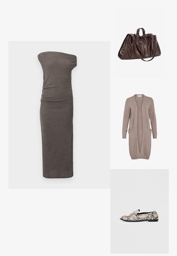 Lang, åben-front cardigan i blød beige strik. Har to frontlommer, ribbede manchetter og en afslappet pasform. Letvægts, tekstureret stof.; Off-shoulder, tætsiddende kjole i mørkegrå ribbet stof, med sideliv og en lige silhuet, der når under knæet.; Slangeprint flad sko i beige og sort, med en rund tå, lav sort sål og dekorativ syning på overdelen.; Brun lædertaske med en samlet top, to korte hanke og en lang skulderrem. Glat tekstur med en rummelig, rundet form.