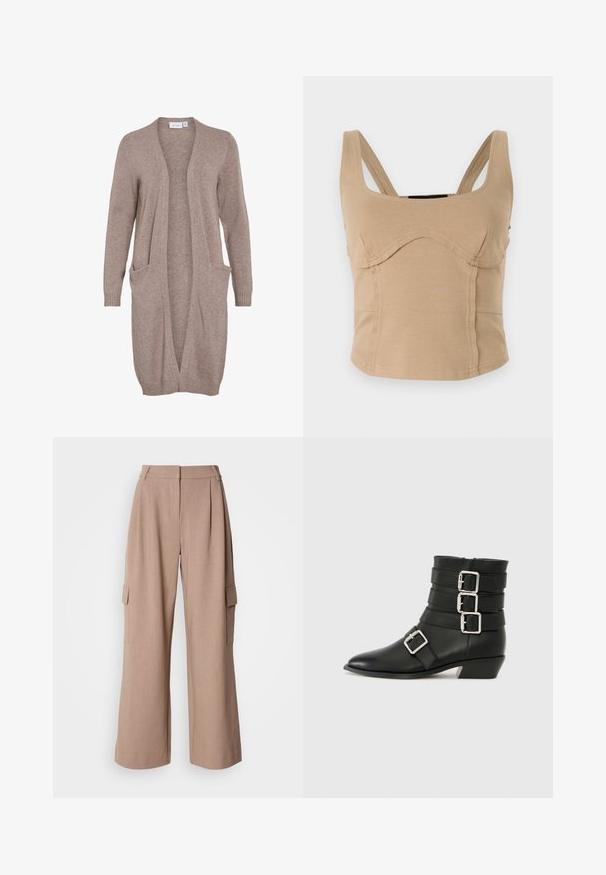 Long gilet ouvert en tricot beige doux. Il présente deux poches avant, des poignets côtelés et une coupe décontractée. Tissu léger et texturé.; Top court beige avec de larges bretelles, texture lisse, coutures courbées et design ajusté. Aucun fermeture ou embellissement visible.; Pantalons cargo larges beige avec plis sur le devant, deux poches latérales et tissu robuste. Présente une taille haute et une coupe droite au niveau de l'ourlet.; RAID COLE - Bottines de cowboy / motard - black