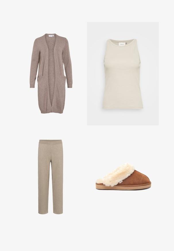 Lange, open voorkant cardigan in zacht beige breiwerk. Heeft twee voorzakken, geribbelde manchetten en een ontspannen pasvorm. Lichtgewicht, gestructureerde stof.; Lichtbeige tanktop van ribstof met een ronde hals en mouwloos ontwerp. Voorzien van een subtiele merklabel aan de binnenkant.; Beige, zacht aanvoelende broek met elastische tailleband, recht model en zonder zichtbare naden, geschikt voor casual draagstijl.; Bruine suède pantoffel met een fluffy crèmekleurige bontkraag en een lichte rubberen zool, voorzien van een klein merklabel aan de zijkant.