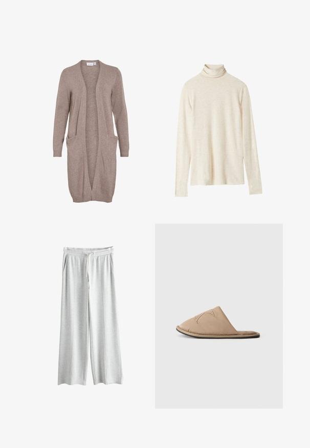 Lange, open voorkant cardigan in zacht beige breiwerk. Heeft twee voorzakken, geribbelde manchetten en een ontspannen pasvorm. Lichtgewicht, gestructureerde stof.; Beige coltrui met lange mouwen, gemaakt van zachte stof, heeft een relaxte pasvorm, subtiele textuur en geen zichtbare patronen of accenten.; Lichtgrijze oversized sweatpants gemaakt van zacht stof, met een elastische tailleband met een trekkoord en twee zijzakken.; Licht beige instapper met een gepolsterde bovenkant, voorzien van decoratieve stiksels en een platte rubberen zool, ontworpen voor comfort en gebruiksgemak.