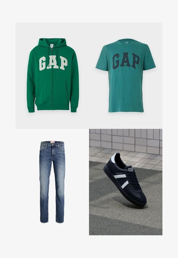 Sweat à capuche vert avec fermeture éclair, en coton, doté d'une capuche à cordon, de poches sur le devant, et portant le logo "GAP" en grandes lettres blanches sur la poitrine.; T-shirt à manches courtes bleu sarcelle avec grand logo noir "GAP" centré sur la poitrine, col rond et fond uni.; Jean blue à jambes droites avec un léger délavage sur les cuisses et les genoux, fermeture à bouton et zip à l'avant, et design à cinq poches.; Sneaker en cuir noir avec des rayures blanches, semelle en caoutchouc texturée et devant à lacets. Présente une étiquette de marque sur la languette.
