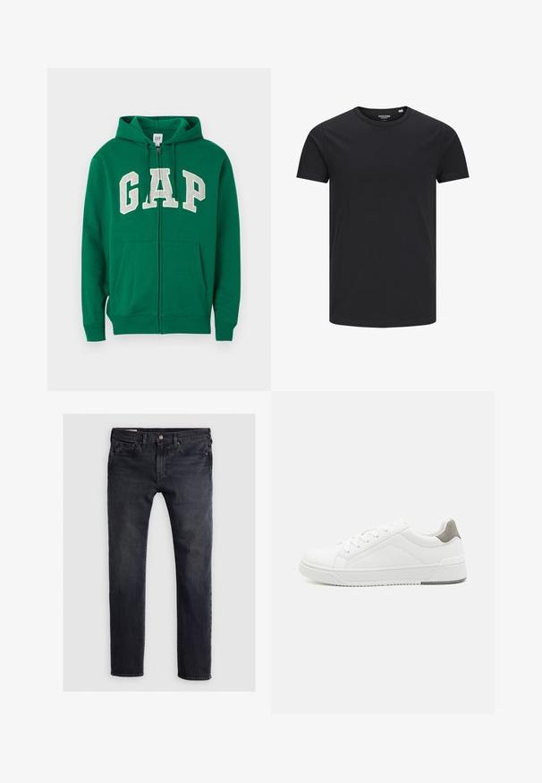 Sweat à capuche vert avec fermeture éclair, en coton, doté d'une capuche à cordon, de poches sur le devant, et portant le logo "GAP" en grandes lettres blanches sur la poitrine.; T-shirt en coton noir avec un col rond, des manches courtes et un design simple. Texture lisse, sans motifs ni éléments visibles.; Jean en denim bleu foncé avec une coupe droite, présentant une fermeture par bouton à l'avant, un design à cinq poches et des zones légèrement décolorées.; Basket blanche en cuir lisse, à bout arrondi, design minimaliste, accent de talon gris et semelle en caoutchouc texturé.