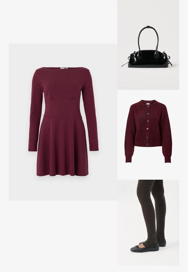 Cárdigan de lana burdeos con cuello redondo y seis botones negros en el frente, con mangas largas y puños y dobladillo acanalados.; Vestido de manga larga, color burdeos, hasta la rodilla, con cintura entallada y escote barco, presentado sobre un fondo blanco liso.; Piernas con leggings oscuros acanalados combinados con bailarinas negras que presentan pequeños detalles de lazo sobre un fondo blanco.; Pequeño bolso negro brillante con dos asas largas y detalles de cordón lateral sobre un fondo claro liso.