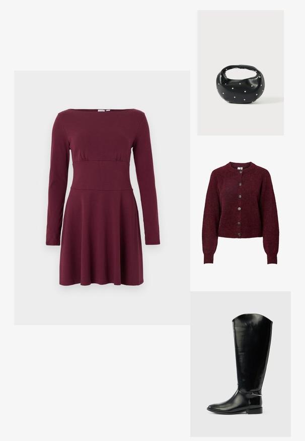 Cárdigan de lana burdeos con cuello redondo y seis botones negros en el frente, con mangas largas y puños y dobladillo acanalados.; Vestido de manga larga, color burdeos, hasta la rodilla, con cintura entallada y escote barco, presentado sobre un fondo blanco liso.; Bota alta de cuero negro con punta puntiaguda, tacón bajo y detalle de metal plateado en el tobillo sobre un fondo blanco liso.; Bolso de mano de cuero negro con forma redondeada, decorado con detalles de tachuelas plateadas y un asa corta. Textura lisa y cierre con cremallera.