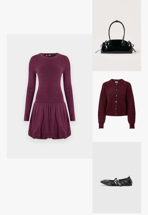 Bordeauxfarbener Wollcardigan mit Rundhalsausschnitt und sechs schwarzen Knöpfen auf der Vorderseite. Er verfügt über lange Ärmel sowie rippengestrickte Bündchen und Saum.; Lila Kleid mit einem gerippten Oberteil, langen Ärmeln und einem gerafften Rock. Der Stoff wirkt glatt mit einer leichten Textur.; Schwarze Leder-Ballerinas mit spitzem Zehenbereich, gerafften Details am Schaft und einem silbernen Schnallenakzent am verstellbaren Riemen.; Kleine schwarze glänzende Handtasche mit zwei langen Griffen und seitlichen Kordelzug-Details vor einfachem hellem Hintergrund.