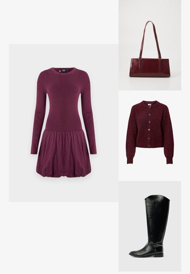 Cárdigan de lana burdeos con cuello redondo y seis botones negros en el frente, con mangas largas y puños y dobladillo acanalados.; Vestido morado con cuerpo acanalado, mangas largas y falda fruncida. La tela parece suave y de textura ligera.; Bota alta de cuero negro con punta puntiaguda, tacón bajo y detalle de metal plateado en el tobillo sobre un fondo blanco liso.; Bolso burdeos hecho de material brillante, de forma rectangular, con dos asas para el hombro y sutiles acentos curvados en la parte frontal.