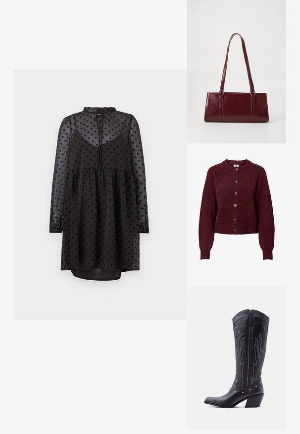 Bordeauxfarbener Wollcardigan mit Rundhalsausschnitt und sechs schwarzen Knöpfen auf der Vorderseite. Er verfügt über lange Ärmel sowie rippengestrickte Bündchen und Saum.; Schwarzes Kleid mit einem transparenten, gepunkteten Muster, langen Ärmeln, einem gerafften Ausschnitt und einer lockeren Passform, die sich an der Taille ausstellt.; Schwarze Cowboy-Stiefel aus Leder mit spitzer Zehenpartie, sichtbarer Nahtführung, silbernen Nietenakzenten und Reißverschluss auf der Innenseite.; Burgunderfarbene Handtasche aus glänzendem Material, rechteckige Form, mit zwei Schulterriemen und subtilen, geschwungenen Akzenten an der Vorderseite.