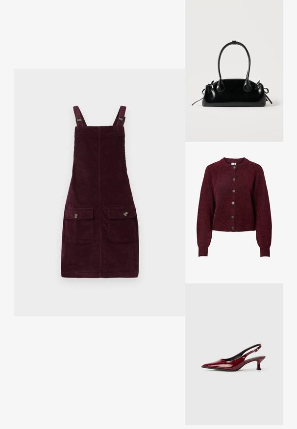 Cárdigan de lana burdeos con cuello redondo y seis botones negros en el frente, con mangas largas y puños y dobladillo acanalados.; Vestido de pana en burdeos profundo, con tirantes ajustables, bolsillos frontales con herrajes metálicos y una forma ajustada. Tejido texturizado.; Zapatos de tacón slingback de charol burdeos con puntera afilada y elegante tacón de aguja. Diseño de espalda abierta con detalle de tira ajustable en el tobillo.; Pequeño bolso negro brillante con dos asas largas y detalles de cordón lateral sobre un fondo claro liso.