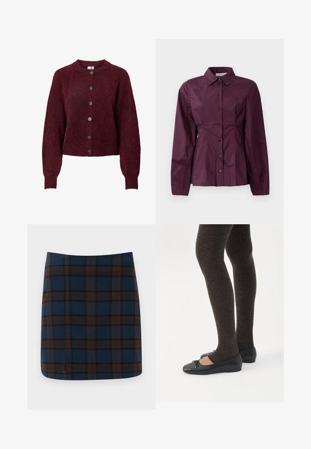 Bordeaux wollen cardigan met ronde hals en zes zwarte knopen aan de voorkant, met lange mouwen en geribde manchetten en onderrand.; Bordeaux knoopshirt met lange mouwen, een klassieke kraag en geplooide details bij de taille. Glad stof met subtiele glans.; Donkerblauwe geruite mini-jurk met bruine en grijze lijnen, gemaakt van een gladde stof, met een subtiele split aan de achterkant voor gemakkelijke beweging.; Benen met donkere geribbelde leggings gecombineerd met zwarte ballerina's met kleine strikdetails op een witte achtergrond.