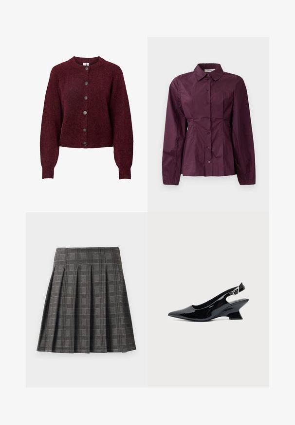 Bordeaux wollen cardigan met ronde hals en zes zwarte knopen aan de voorkant, met lange mouwen en geribde manchetten en onderrand.; Bordeaux knoopshirt met lange mouwen, een klassieke kraag en geplooide details bij de taille. Glad stof met subtiele glans.; Plissé rok in een grijs ruitpatroon, gemaakt van een gestructureerde stof. Kenmerkt zich door verticale plooien en een rechte zoom.; Zwarte lakleren slingback schoen met spitse neus en lage schuine blokhak op een effen lichte achtergrond.