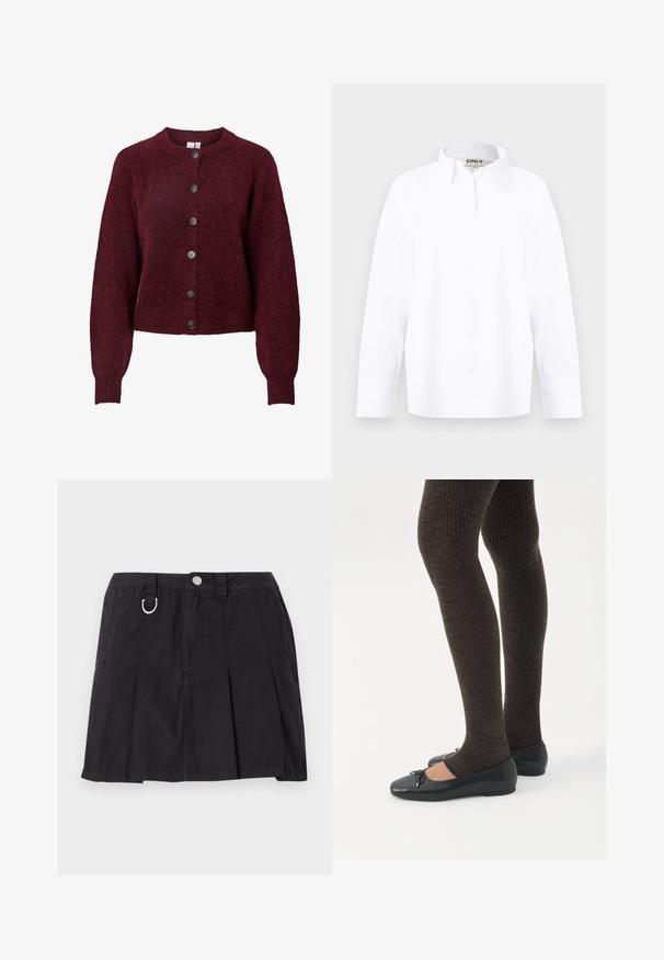Burgunderrød uld cardigan med rund hals og seks sorte knapper ned foran, med lange ærmer samt ribbede manchetter og kant.; Hvid, langærmet skjorte med knapper, spids krave, smalle manchetter og mærket "ONLY" ved halsudskæringen, størrelse medium.; Sort plisseret nederdel lavet af bomuld, med frontknaplukning, bæltestropper og en D-ring detalje i taljen.; Ben iført mørke ribbede leggings kombineret med sorte balletsko med små sløjfedetaljer på hvid baggrund.