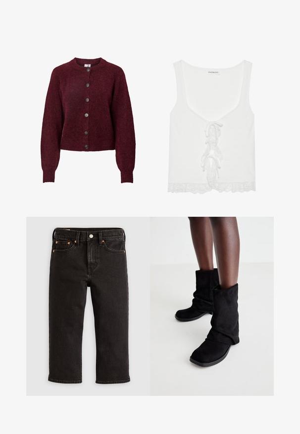 Burgunderrød uld cardigan med rund hals og seks sorte knapper ned foran, med lange ærmer samt ribbede manchetter og kant.; Hvid ribbet tanktop med V-udskæring, snørebåndsfront og blondekant i kanten. Fremstillet i blødt stof med en tætsiddende pasform.; Sorte denimjeans med lige pasform, fem-lomme-design, kobbernitter og knaplukning. Stoffet har en glat tekstur og ensartet finish.; Sorte ruskindsankle støvler med et slouchy design, som har en flad sål og en firkantet tå, vist på mørke ben mod en lys baggrund.