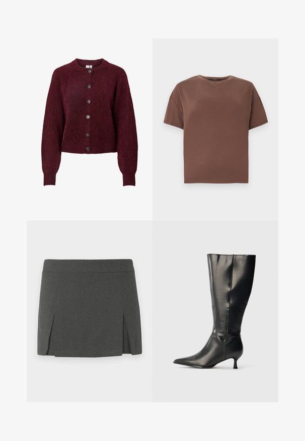 Bordeauxfarbener Wollcardigan mit Rundhalsausschnitt und sechs schwarzen Knöpfen auf der Vorderseite. Er verfügt über lange Ärmel sowie rippengestrickte Bündchen und Saum.; Braunes T-Shirt mit kurzen Ärmeln und Rundhalsausschnitt, lockerem Schnitt, schlichtem Design und ohne sichtbare Logos oder Muster vor einem einfarbigen weißen Hintergrund.; Grauer Minirock mit einer glatten Textur, ausgestattet mit einem flachen Bund und zwei seitlichen Schlitzen vorne für zusätzliche Details. Lässiges Design.; Schwarzer kniehoher Lederstiefel mit spitzer Zehenpartie und niedrigem Kittenabsatz, präsentiert vor einem schlichten hellen Hintergrund.