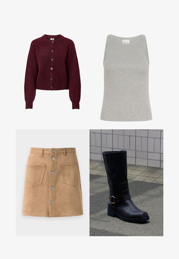 Burgunderrød uld cardigan med rund hals og seks sorte knapper ned foran, med lange ærmer samt ribbede manchetter og kant.; Grå ribbet tanktop med rund halsudskæring og ærmeløs design. Fremstillet af blødt stof, har en tætsiddende silhuet og minimale syninger.; Tan suede nederdel med en tætsiddende form, fem metalliske frontknapper og to forlommer, der har en glat tekstur og rene kanter.; Sort midt på læggen læderstøvle med lav hæl og dekorativ rem med metalspænde, stående på en grå belagt overflade nær en flisevæg.