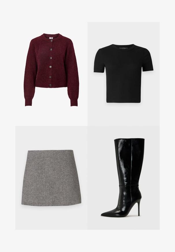 Bordeaux wollen cardigan met ronde hals en zes zwarte knopen aan de voorkant, met lange mouwen en geribde manchetten en onderrand.; Zwart nauwsluitend T-shirt met korte mouwen, geribbelde textuur en een ronde halslijn. Eenvoudig ontwerp, zonder zichtbare logo's of versieringen.; Rok met visgraatmotief in grijze stof, met een aansluitende pasvorm, een gladde textuur en een nette, rechte zoom.; Zwarte leren kniehoge laarzen met een spitse neus en hoge stiletto hak. Soepele textuur en strak ontwerp, met minimale detailing.