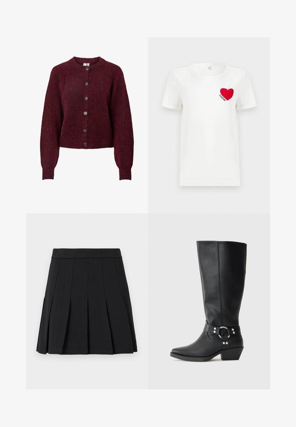 Bordeaux wollen cardigan met ronde hals en zes zwarte knopen aan de voorkant, met lange mouwen en geribde manchetten en onderrand.; Witte T-shirt met korte mouwen met een rode hart en het woord "AMOUR" gedrukt op de linkerkant van de borst.; Zwarte geplooide rok gemaakt van een glad materiaal. Voorzien van een brede tailleband en meerdere verticale mesplooien.; Zwarte leren kniehoge laarzen met een spitse neus, voorzien van een decoratieve enkelband en zilveren hardwareaccenten. Lage, gestapelde hak.